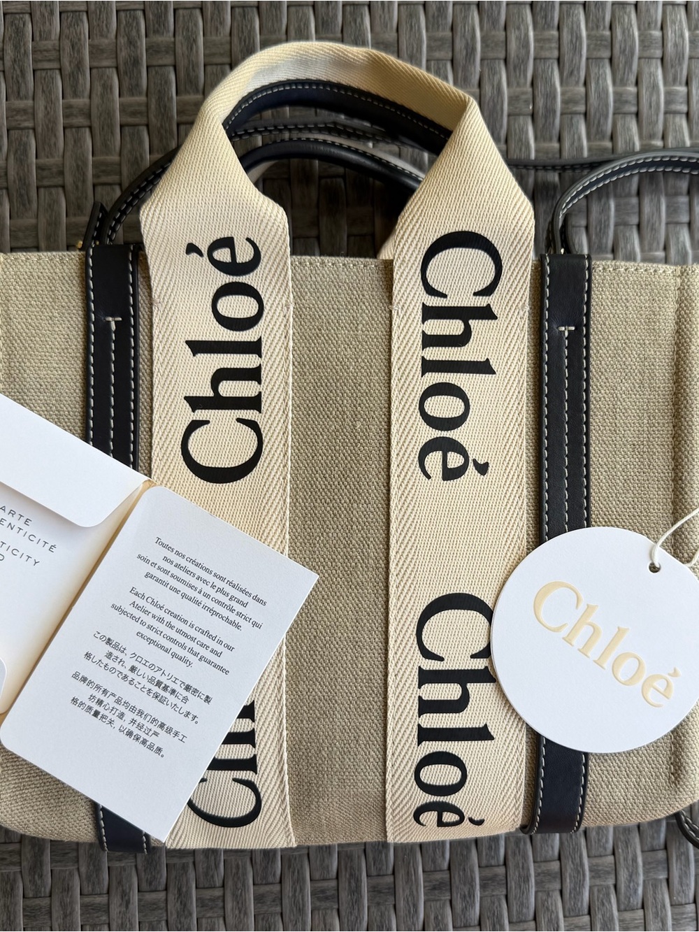Chloé Beige Canvas and Black Trim Crossbody Tote with Logo Strap
